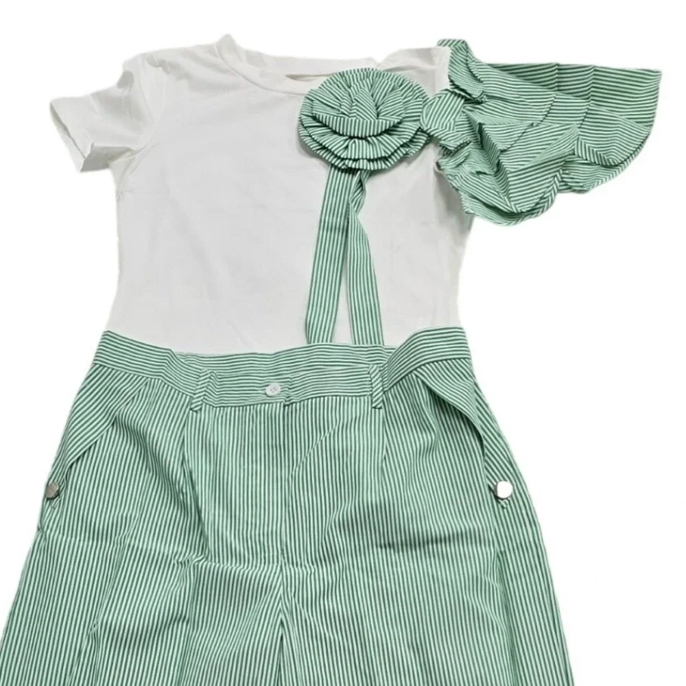 2 Piece Striped Palazzo Pants Set Rosette Top Wide Leg Green White Womens L NIP